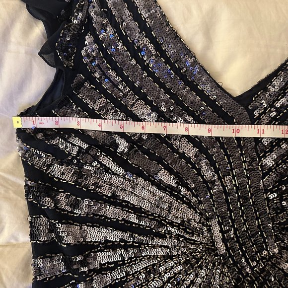 J Kara Gown Maxi Dress Sequin Beaded V Neck V Back Flutter Sleeve A-Line Blue 16 - Picture 12 of 16